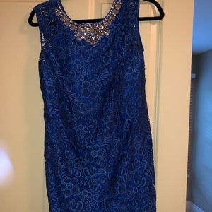 Laundry blue lace dress with gem neckline